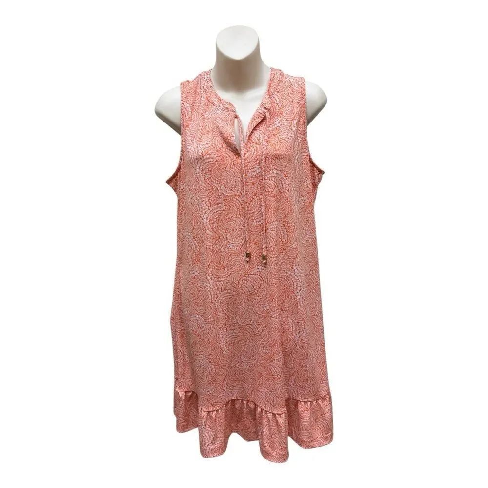 Michael Kors Orange White Sleeveless Midi Dress Ruffle Hem Sz L Drop Waist EUC
